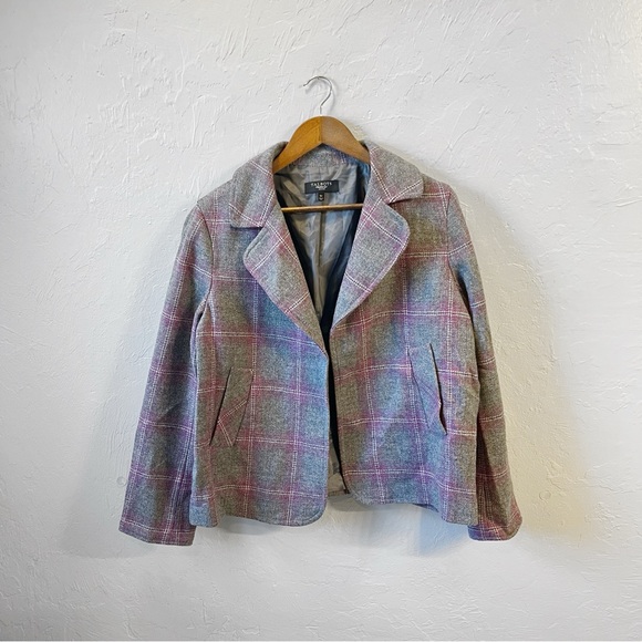 Talbots Jackets & Blazers - Talbots Gray Pink Plaid Wool Tweed Open Front Blazer Jacket 16P Career